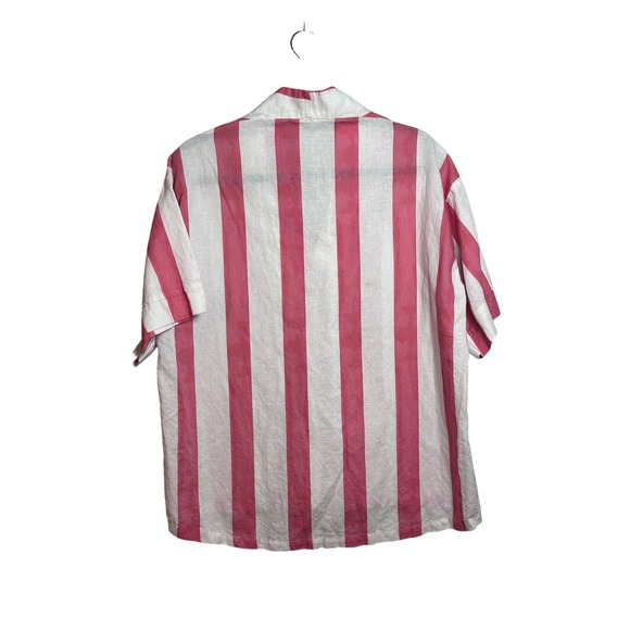 Brooke Wright Pink White Stripe Oversized Collared Shirt Top OS Linen Blend - Picture 2 of 4
